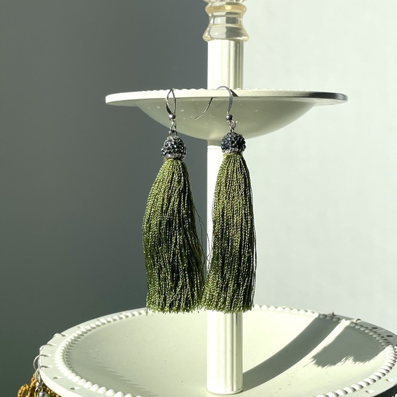 Green Tassel Drop Earrings With Gunmetal Bead - Picture 3 of 8